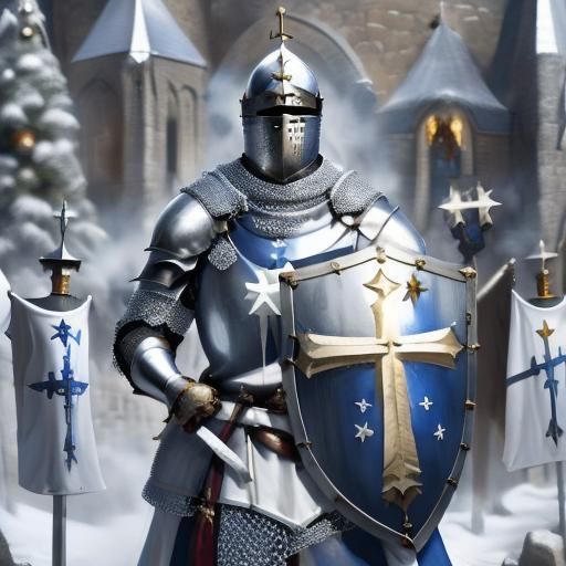 Majestic Christmas Crusader Knight in White and Blue Armor