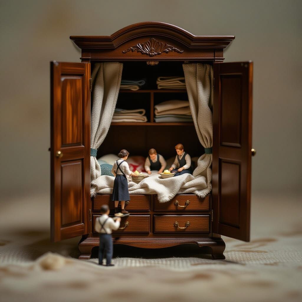 Miniature People Inside Antique Wardrobe: Macro Photo