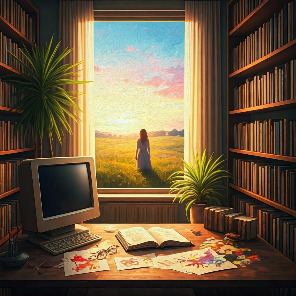 Cozy Room with Desk and Sunset View as Impasto Painting