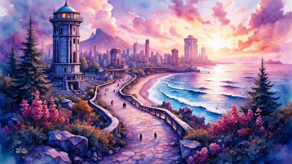 City Coastline View with Synthwave Art Style