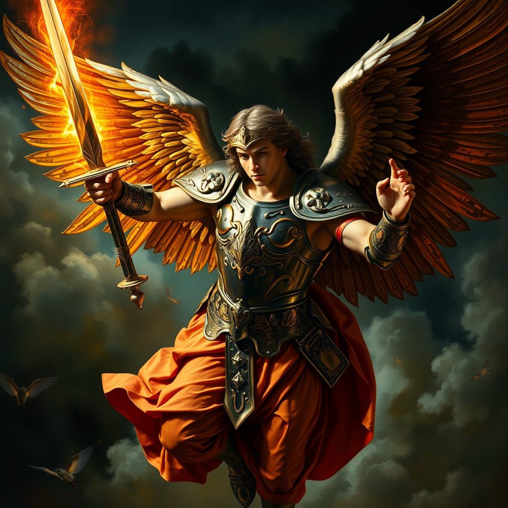 Renaissance Angel Descends with Flaming Sword