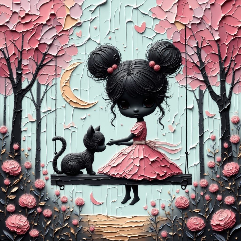 Child Petting Cat on Swing in Flower Garden