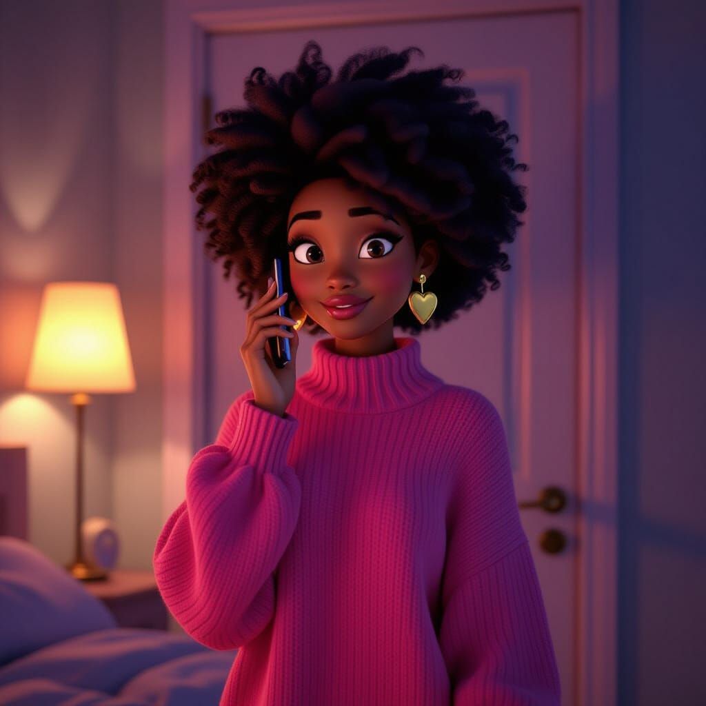 Pixar Style 3D Render: Black Woman in Pink Sweater