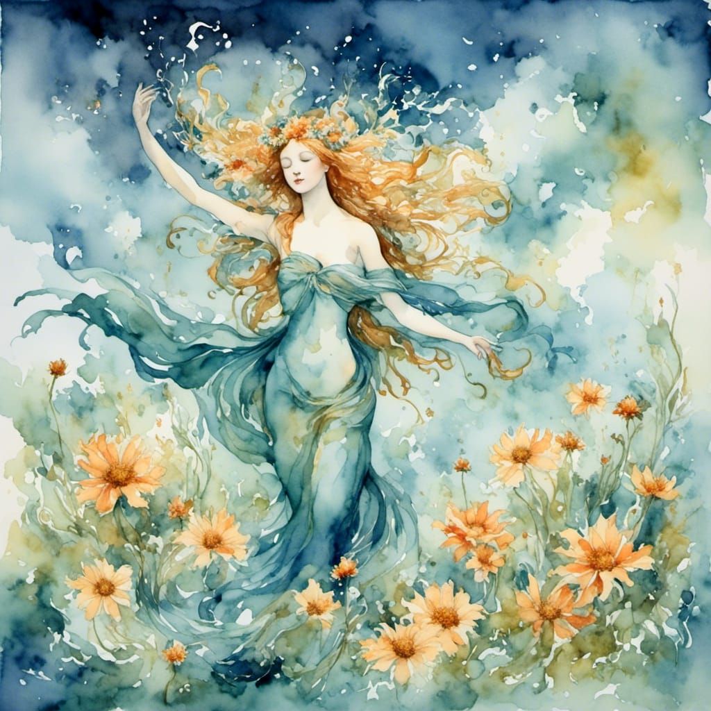 Watercolor Birth of Venus with Fairies