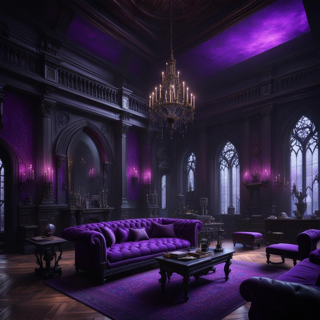 Gothic living room with purple walls& gothic vibes& ethereal vibes& magical vibes& crystal vibes& trending on Artstation...