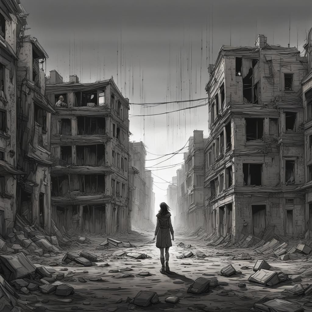 Lonely Woman in Abandoned City: Black and White Illustration