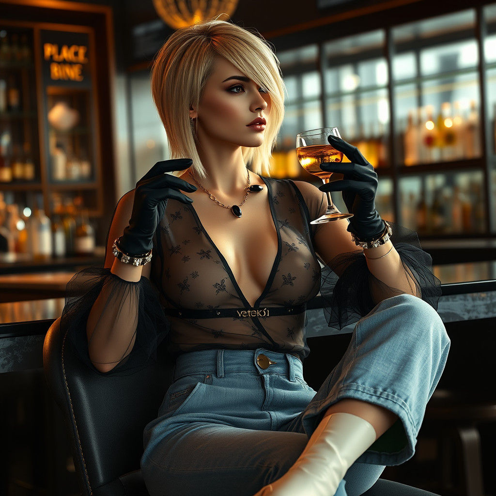 Elegant Blonde Woman in Chic Bar Attire