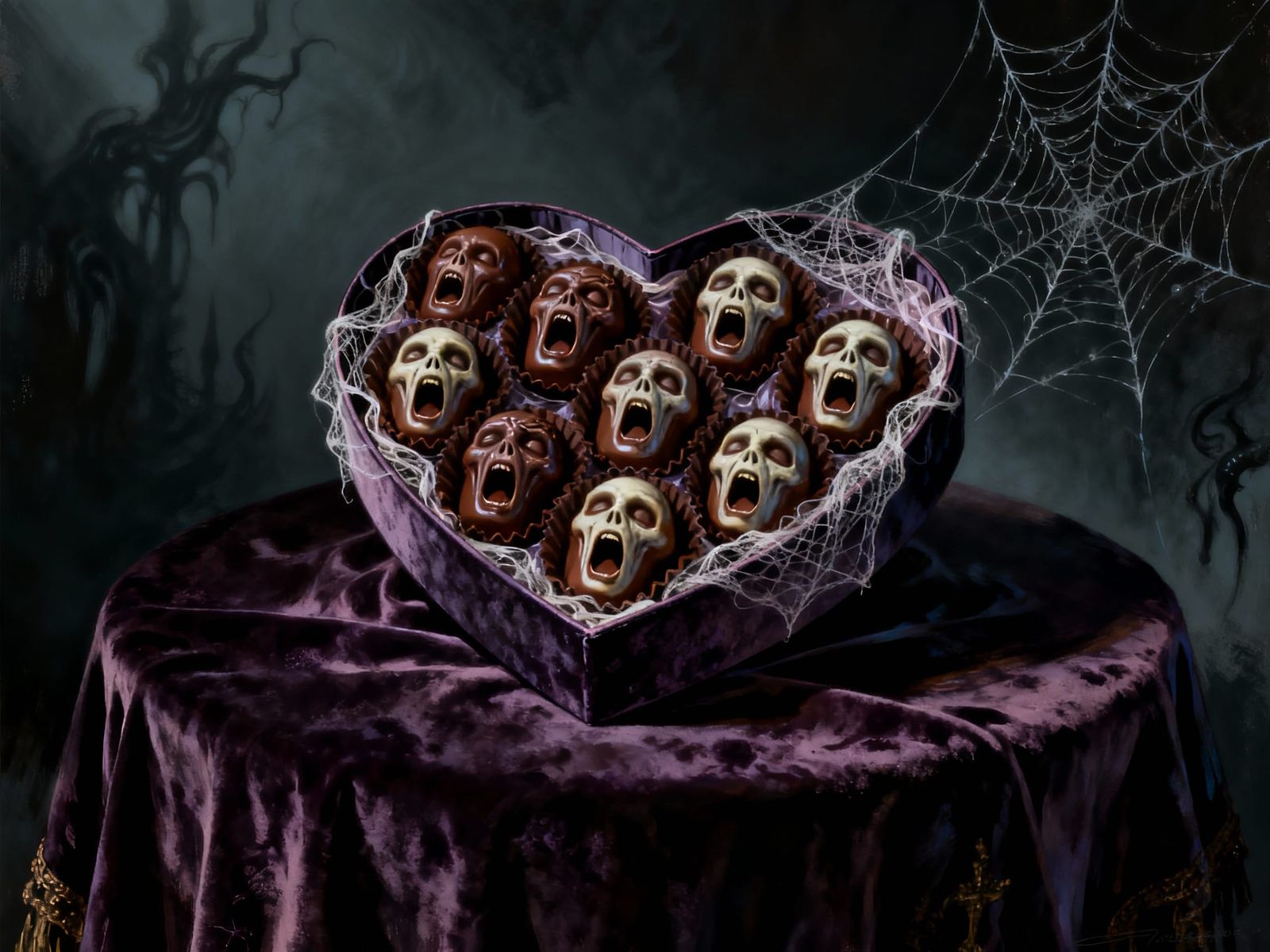 Gothic Horror Chocolates on Velvet Altar