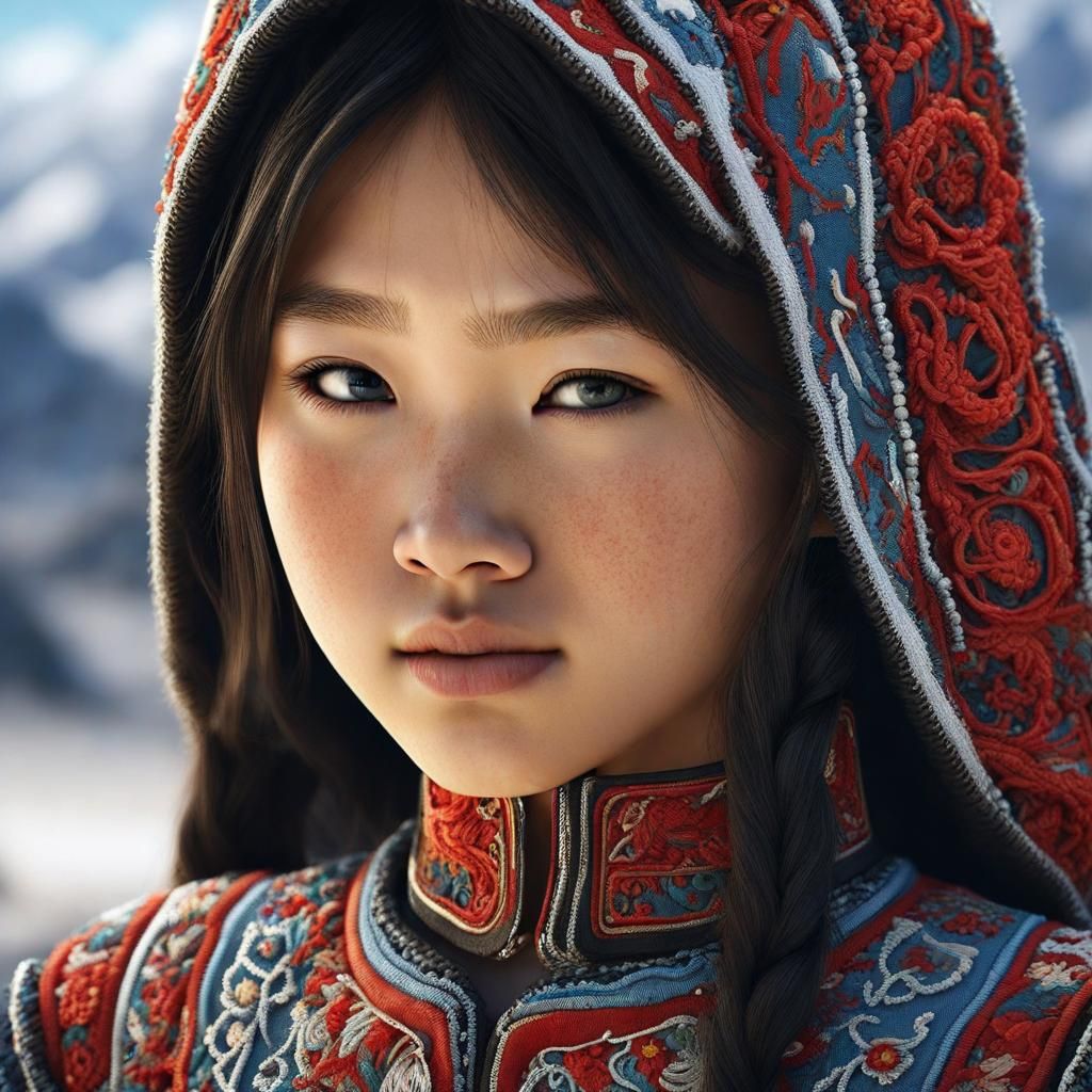 Kyrgyz Girl in Traditional Dress: Hyperrealistic Portrait