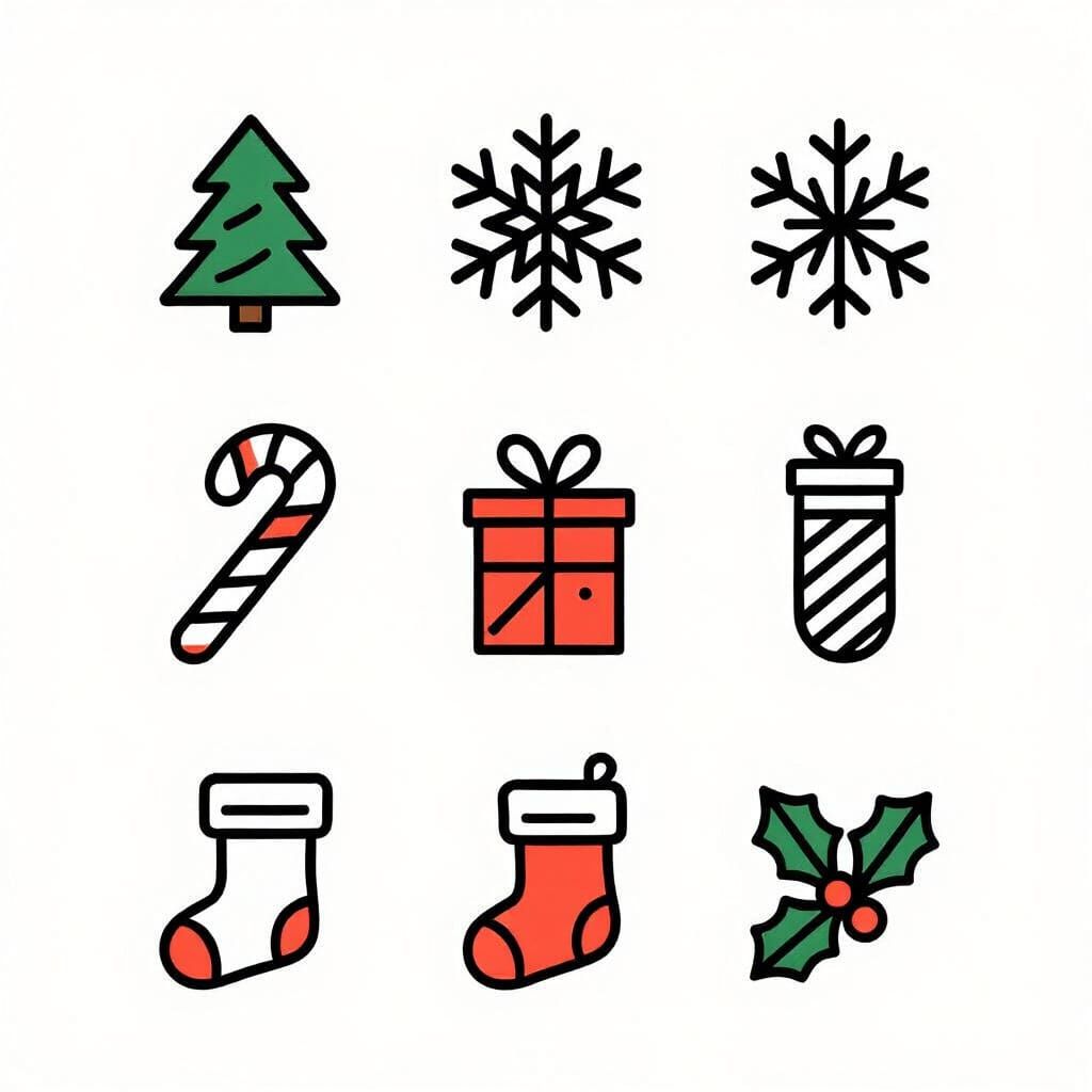 Six Christmas Outline Vector Icons on White
