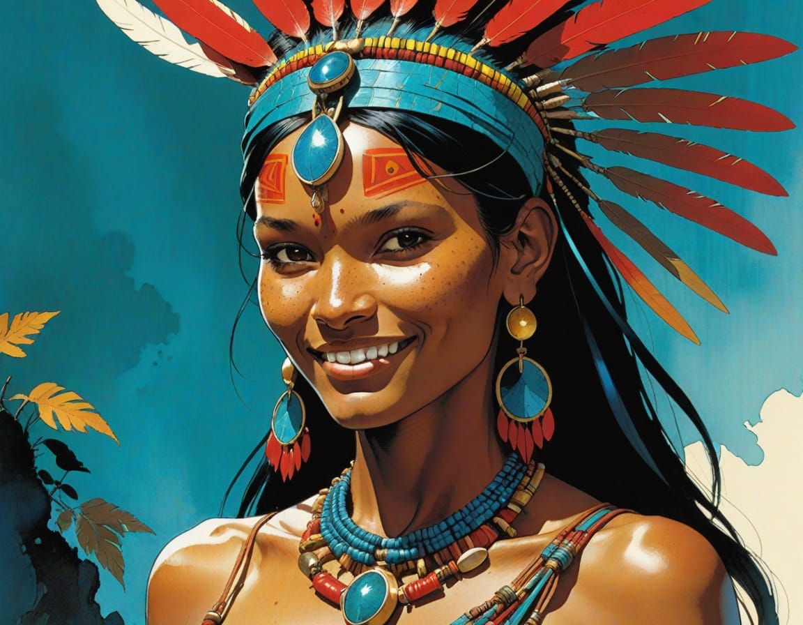 Amerindian Woman in Summer Landscape, Inspired by David Mack...
