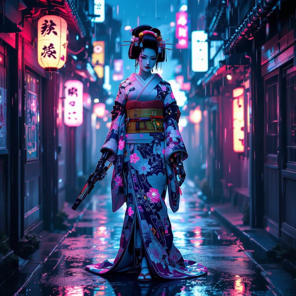 Gothic Cyborg Geisha in Neon Alleyway