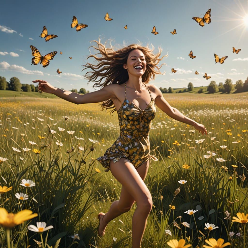Surreal Portrait of a Young Woman Soaring Over a Vibrant Spr...