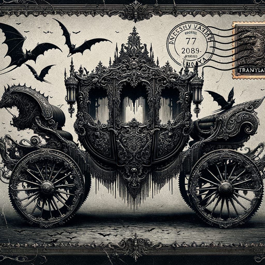 Victorian Gothic Postcard with Vampire Carriage and Transylv...