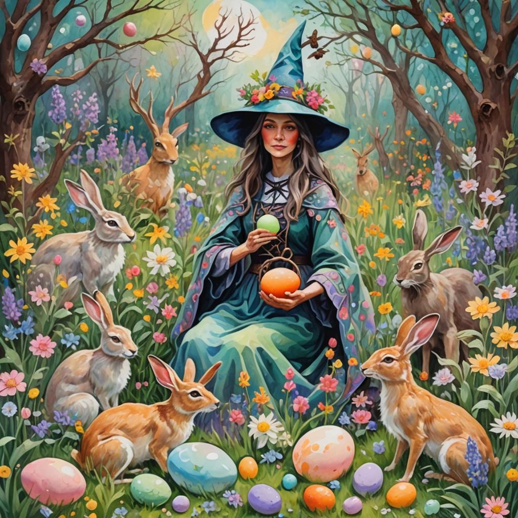 Spring Witch with Hares in Gouache Style