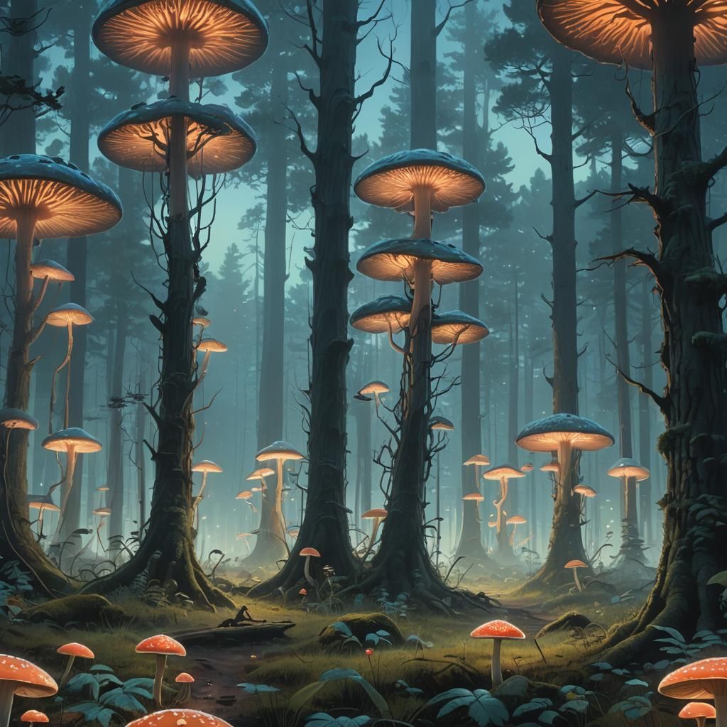 Twilight Forest with Glowing Mushrooms, Matte Painting