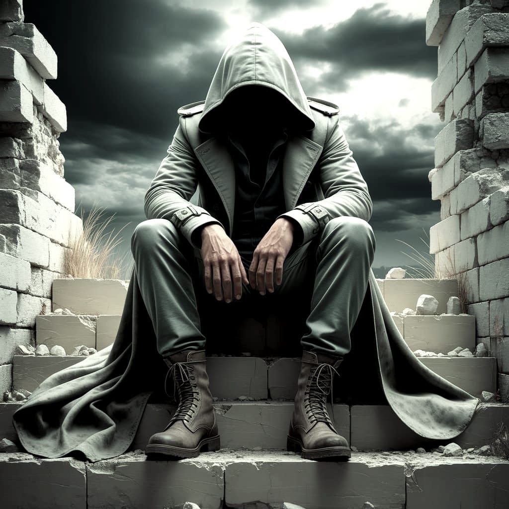 Faceless Figure on Ruins in Moody Stormy Sky