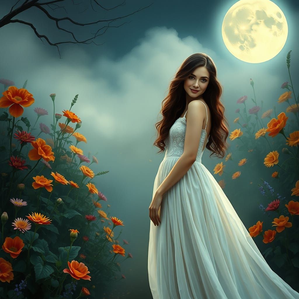 Woman in Elegant White Gown Stands Alone in Mystical Moonlit...