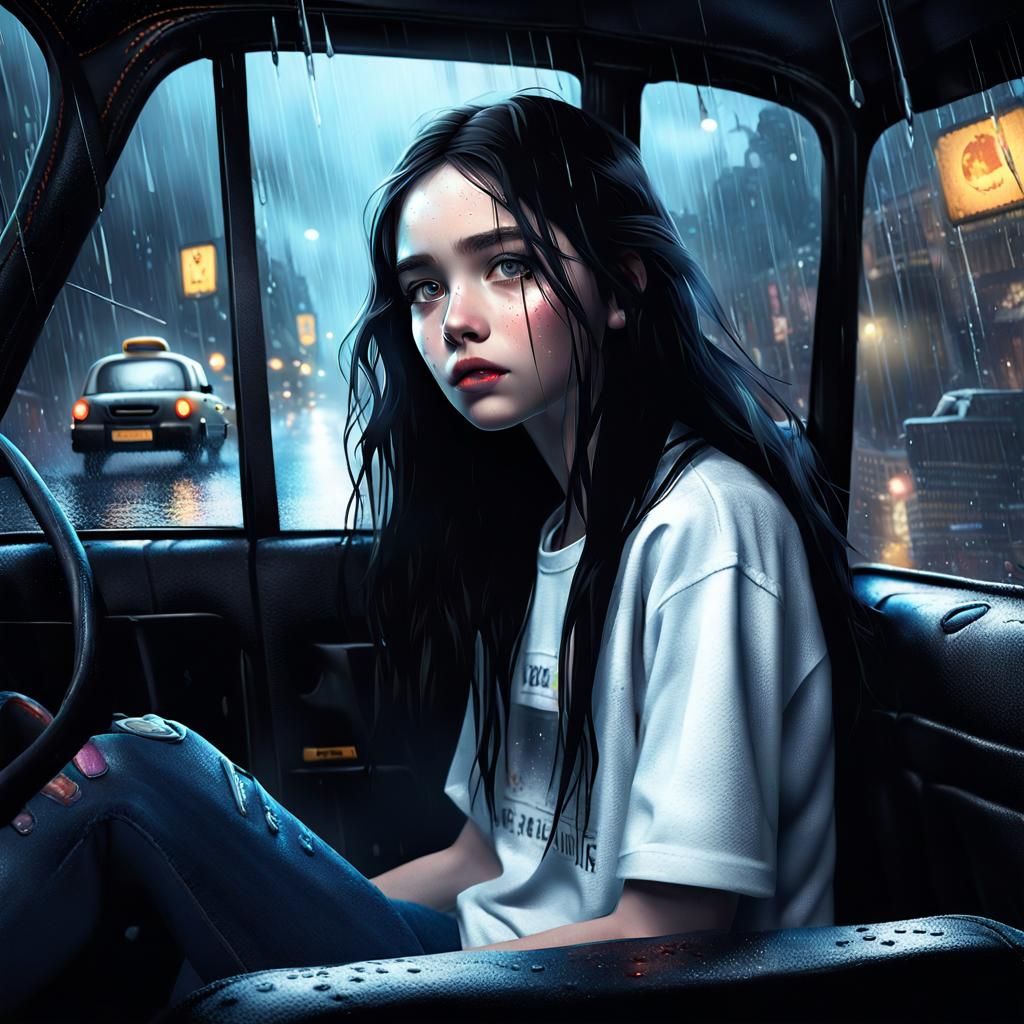 Girl in Taxi on Rainy Night, Detailed Matte Painting
