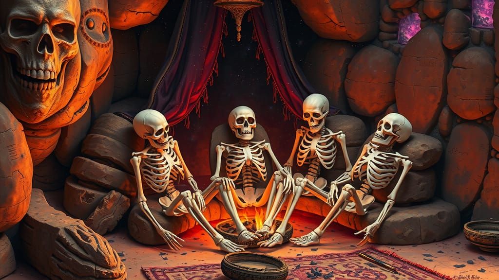 Martian Skeletons in Ancient Dwelling, Hyperrealistic Style