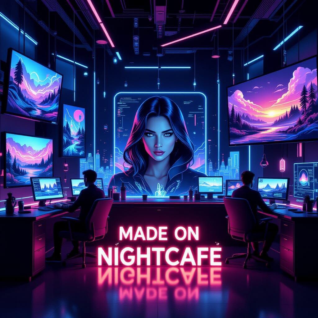 Futuristic AI Art Studio Aglow with Neon Lights