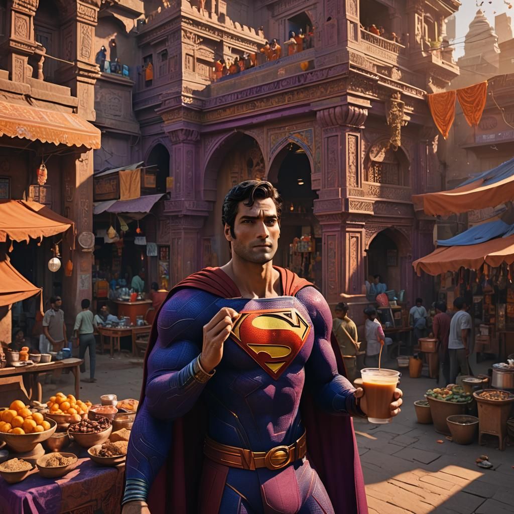 Superman Drinks Coffee in Vibrant Indian Market