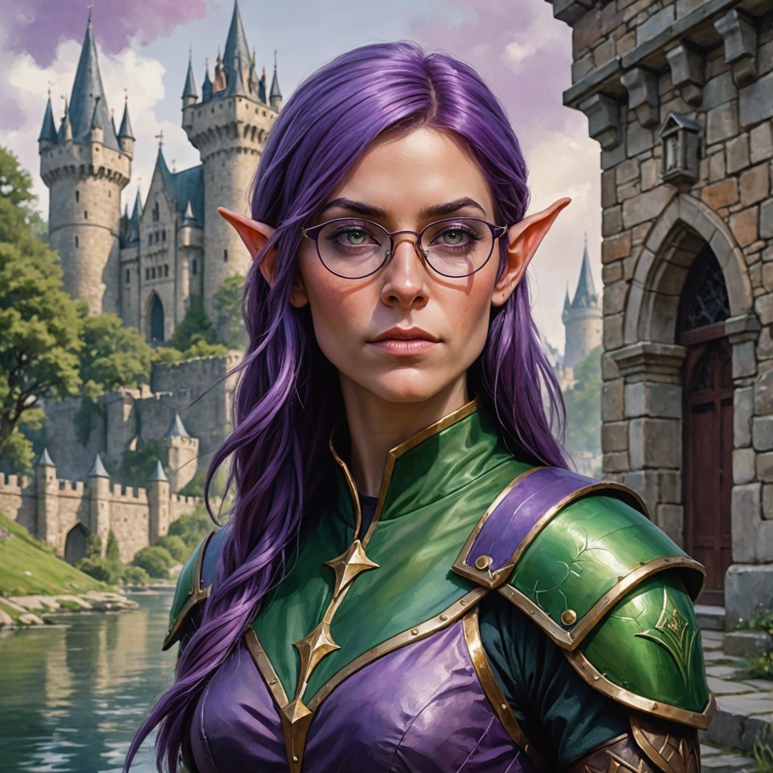 Elf Mage Near Castle in Watercolor Style