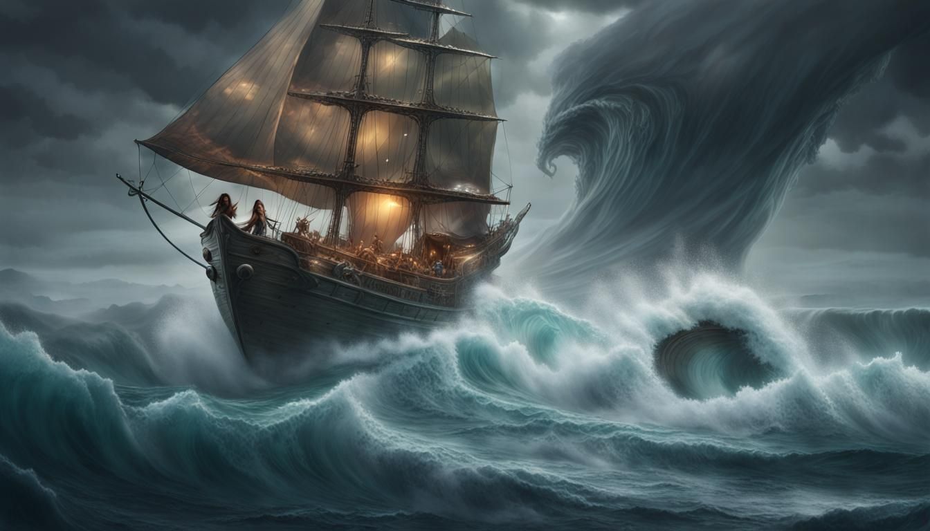 Orb Boat in Hurricane with Woman: Fantasy Concept Art