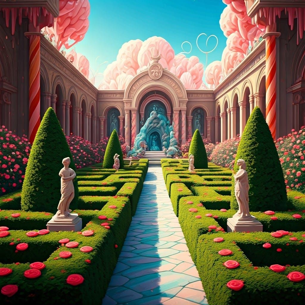 Surreal Boxwood Garden Labyrinth in Candy-Coated Art Style