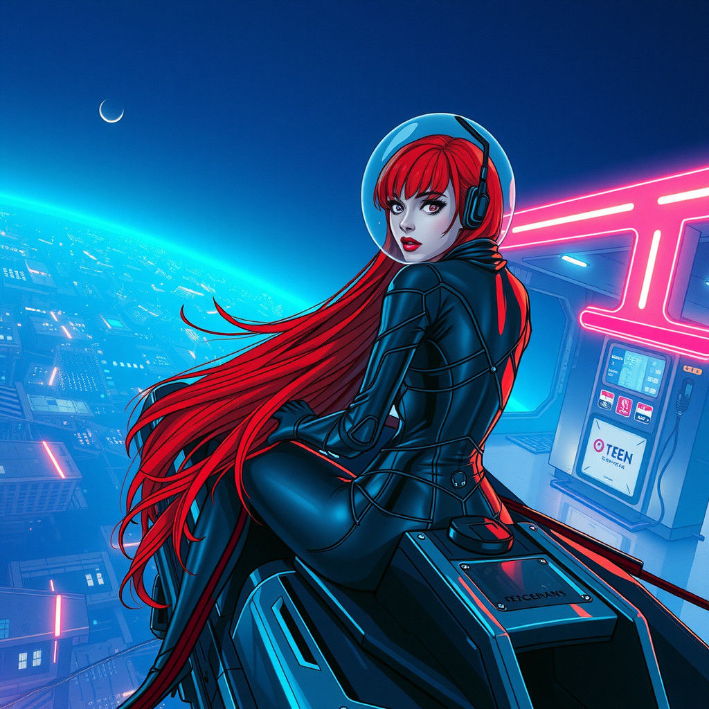 Cyberpunk Woman Rides Spaceship at Neon Gas Station