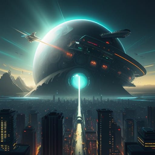 Tsunami from Alien Spaceship in Futuristic Cityscape