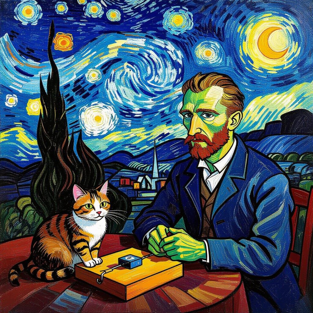Mouse Escapes Cat and Trap in Van Gogh Style
