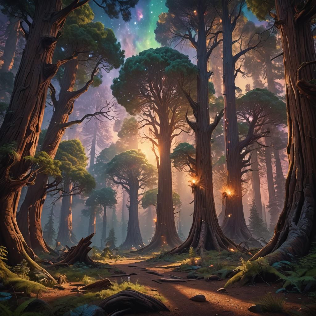 Magical Glowing Sequoias in Enchanted Forest, Digital Art