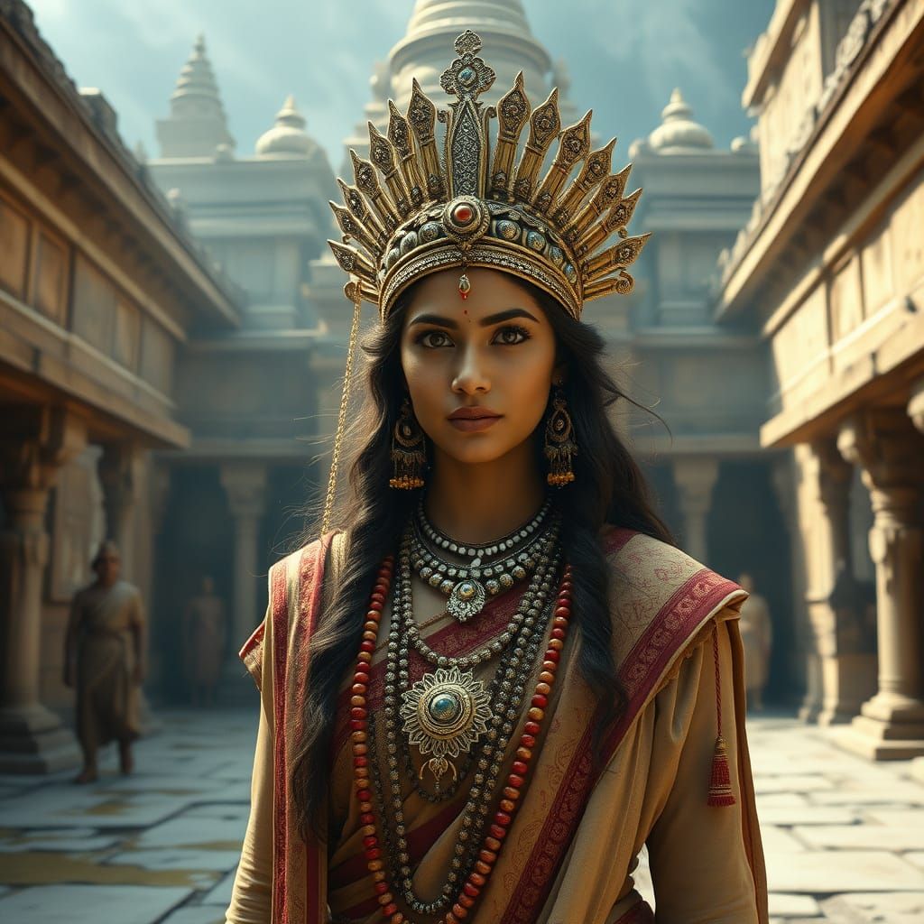 Ethereal Indian Princess in Ancient Temple Courtyard