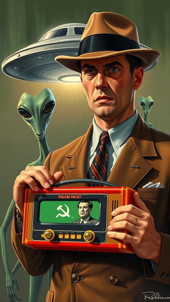 Martian Propaganda Machine in Mid-Century Sci-Fi Style