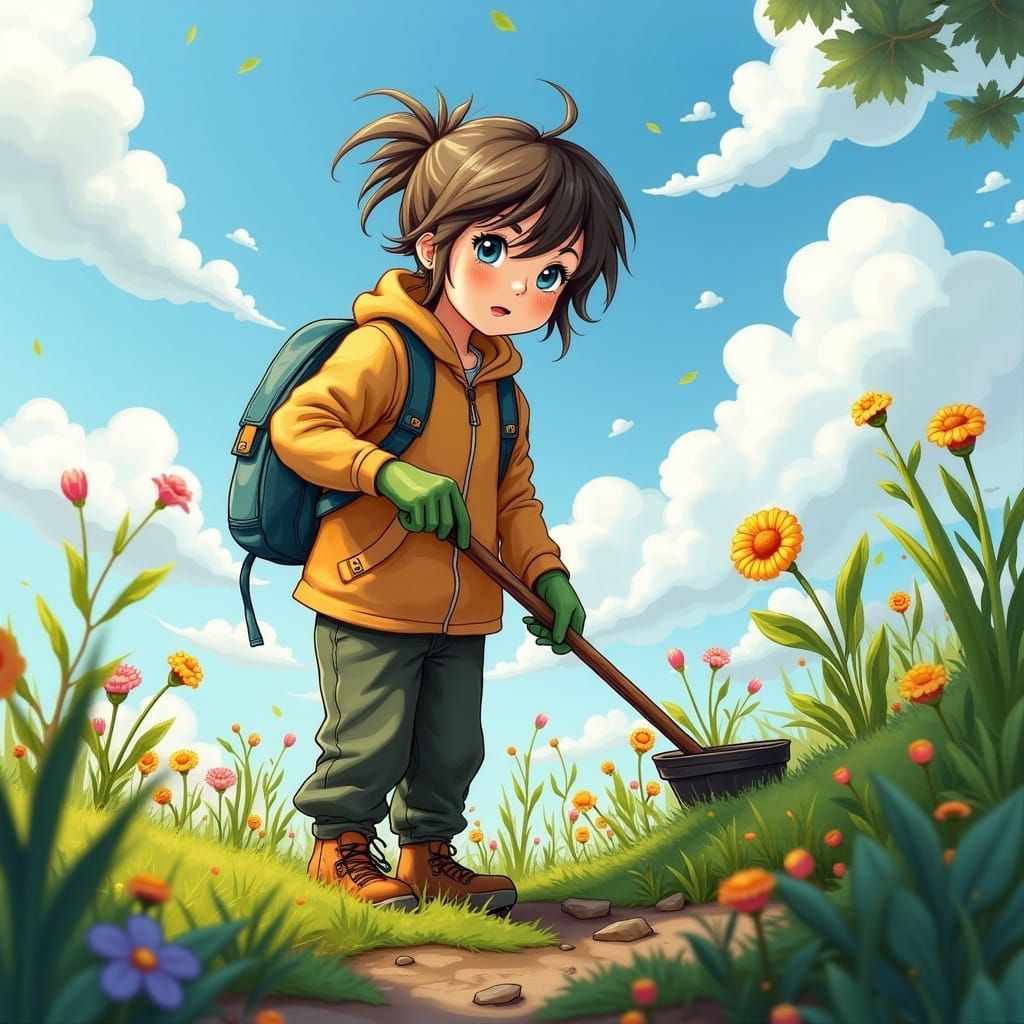 Anime Gardener Close-Up on a Breezy Day