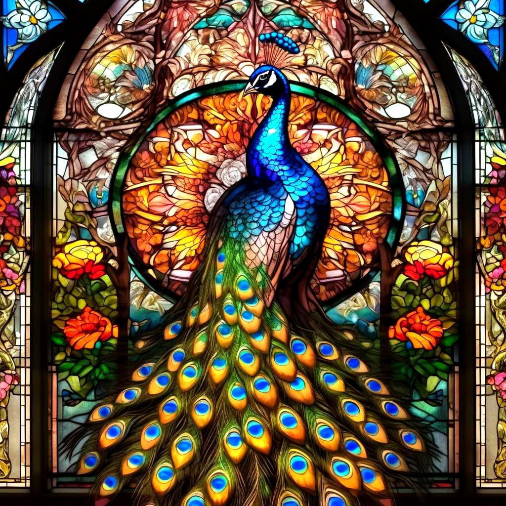 Stained Glass Peacock Window with Flowers
