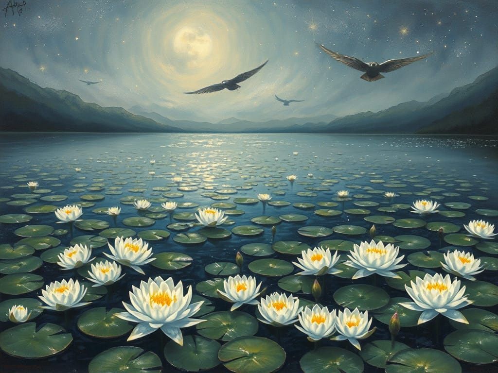 Peaceful Nighttime Lake Scene with Water Lilies and Fireflie...