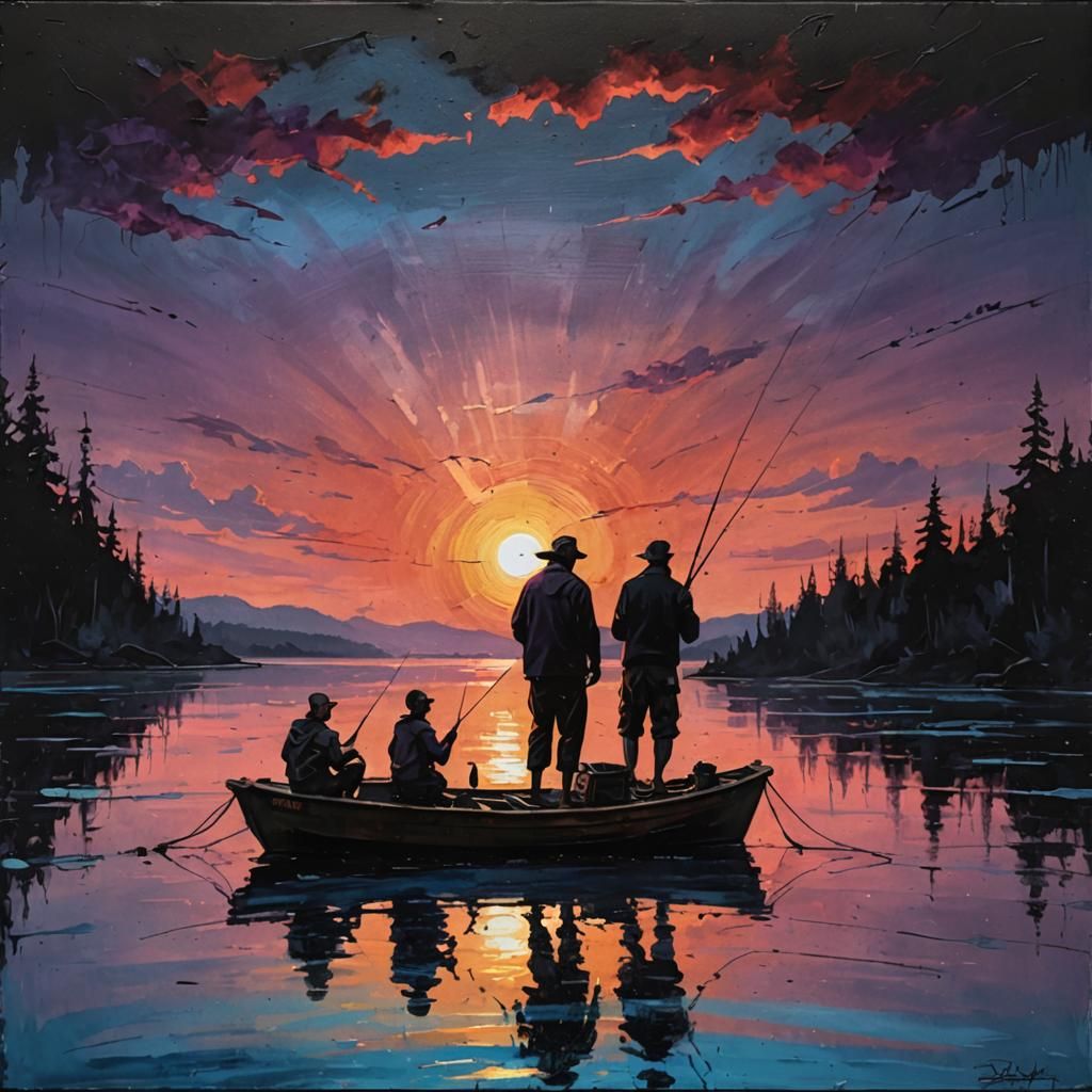 Silhouette Fishermen at Sunset, Grunge Style Painting