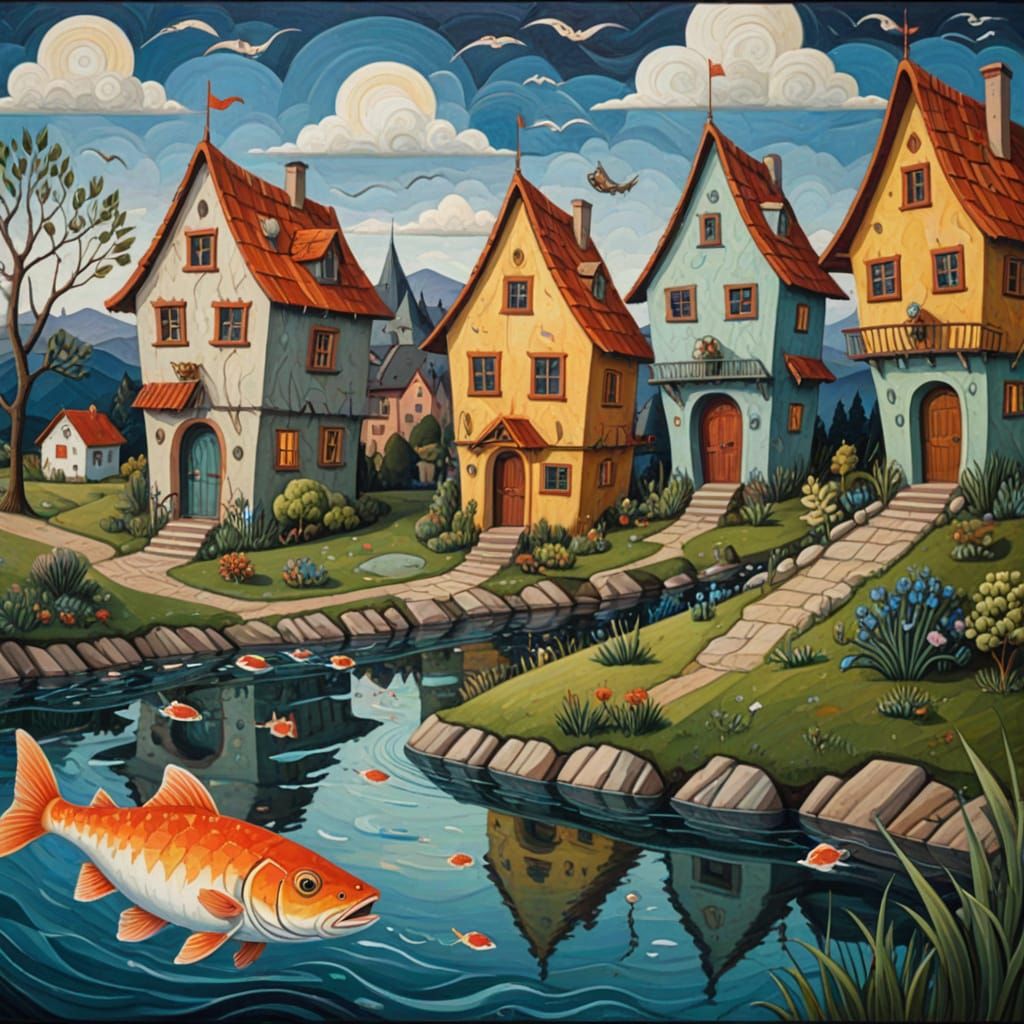 Surreal Homes and Fish with Faces in Oil Painting