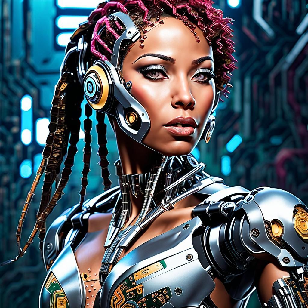 Cyborg Woman with Circuit Board Skin in Cyberpunk Style