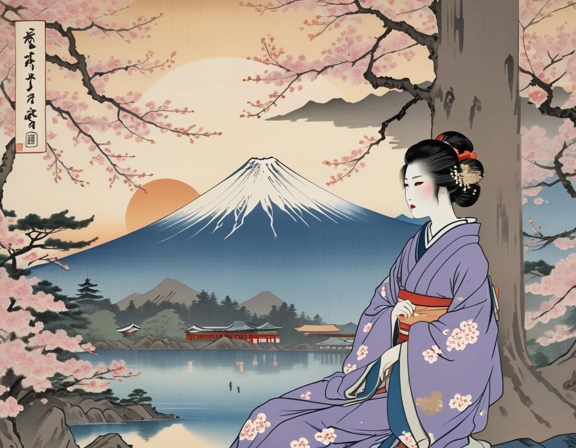 Geisha near Mount Fuji in Ukiyo-e Style