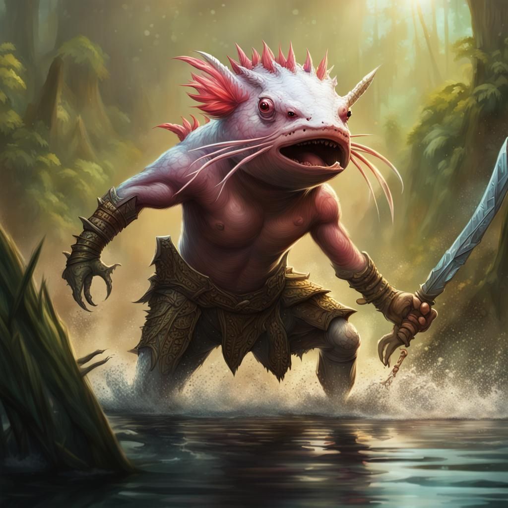 Barbarian Axolotl Fighting: Hyperrealistic Swamp Concept Art