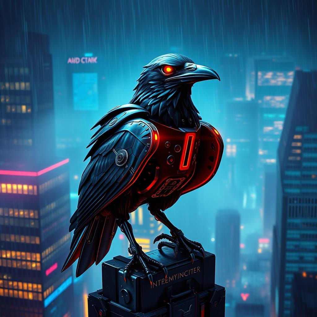 Cyborg Crow in Cyberpunk Cityscape