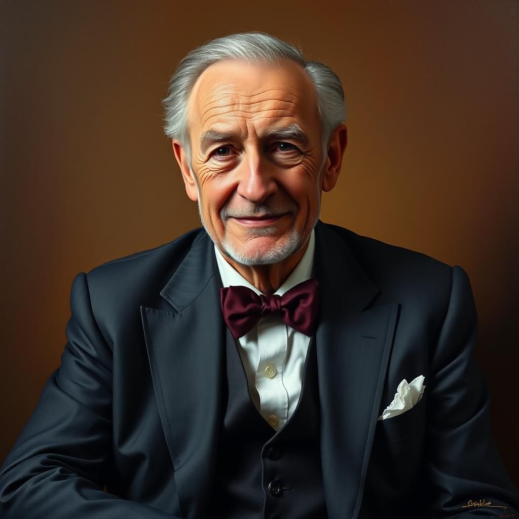 This portrait depicts a distinguished older man, seated and dressed in a tailored suit with a bow tie