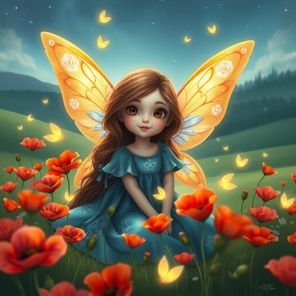 Fairy Girl in Poppy Field Under Starry Night
