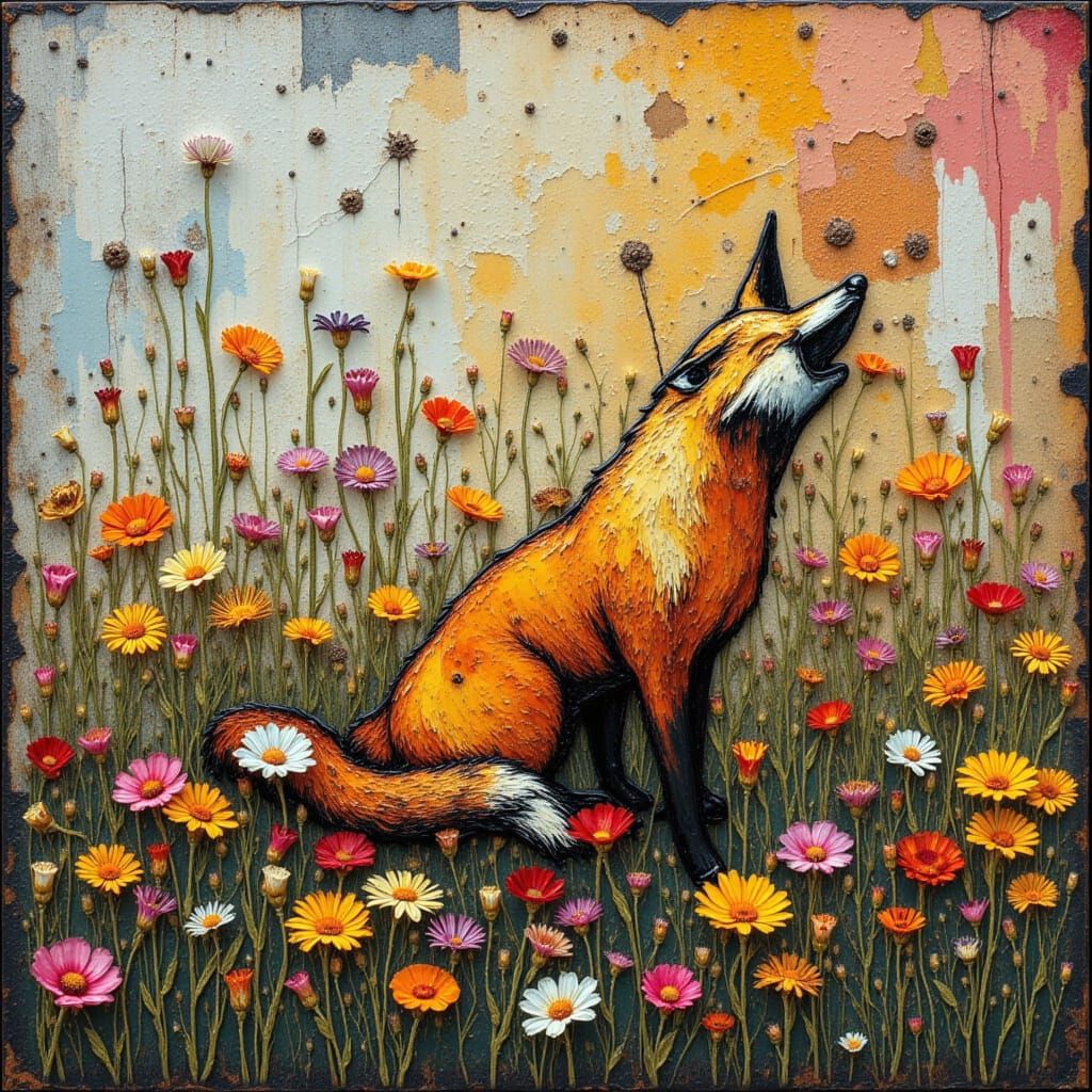 grunge layered fusion. glitchcore. Fox, wild flower meadow. alcohol ink. encaustic mixed media.