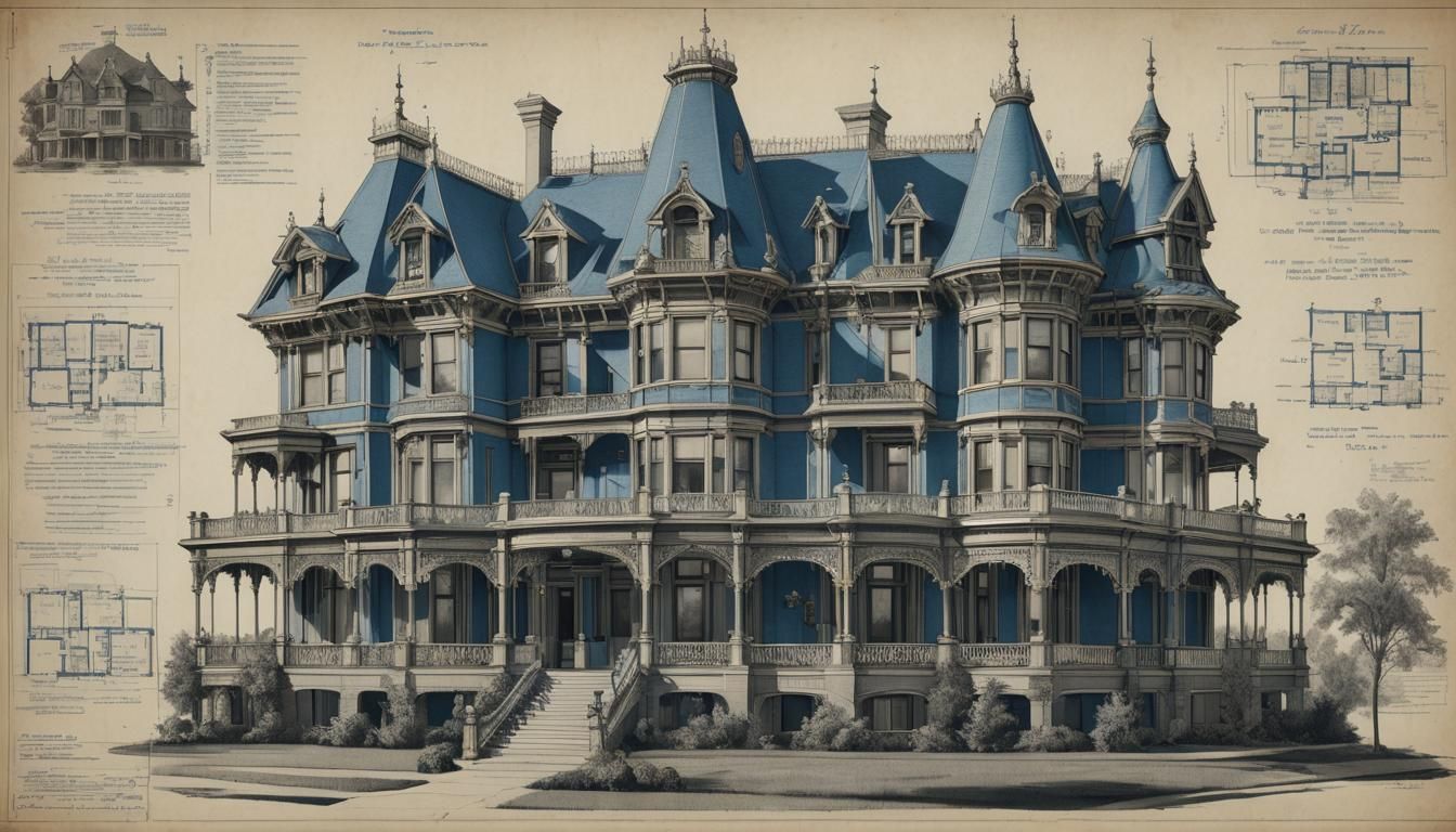 Ornate Victorian Mansion Blueprint in Classic Style