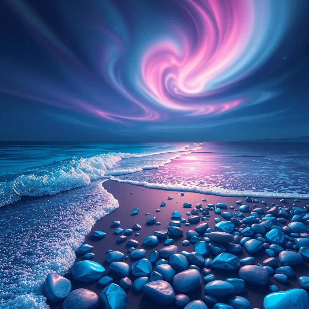 Dreamlike Nocturnal Seaside Scene in Hyper-Realistic Digital...