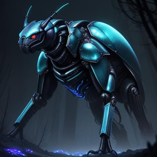 Surreal Blue Silver Beetle Alien in Dark Forest